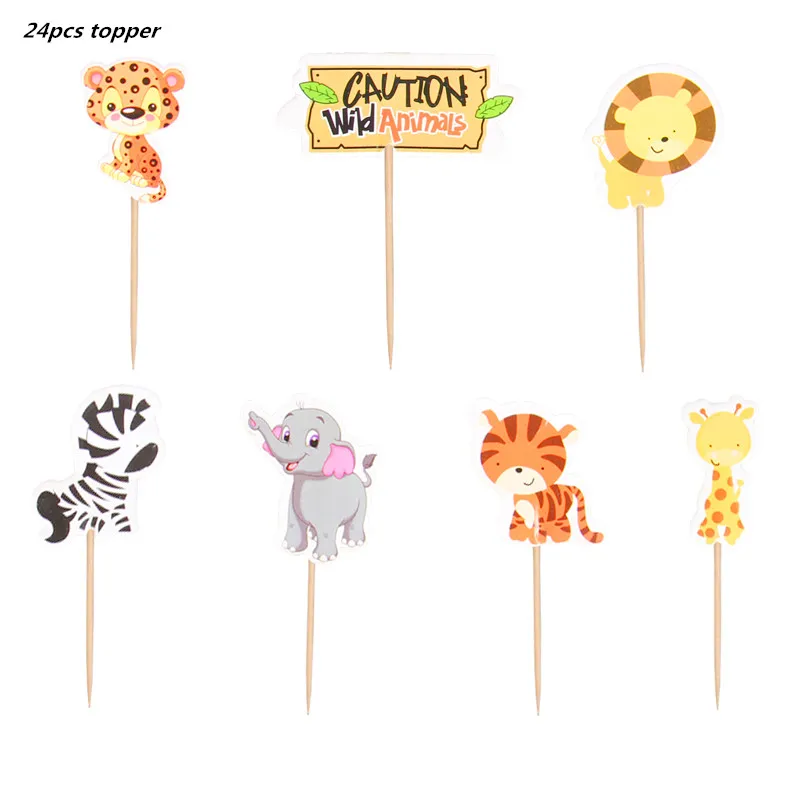 

24Pcs Jungle Safari Cupcake Picks Animal Cake Toppers Cartoon Cupcake Inserts Card Party Gifts for Kids Birthday Wedding Decor