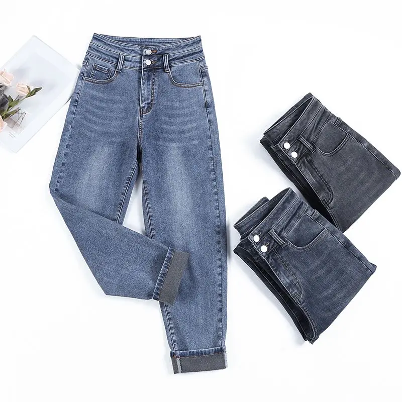 

Volcanic Rock Heating Jeans Women 2020 High Waist Loose Denim Carrot Pants Plus Size Blue Harem Trousers Mom Jean Winter P9609