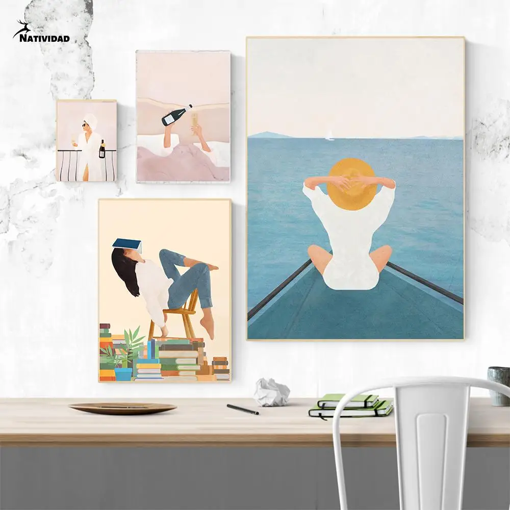 

Girl Cozy Life Pattern Canvas Art Painting Morning Wine Poster and Print Wall Art Pictures for Girl Living Room Home Decor