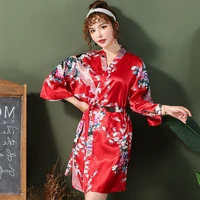 chinese red women bathrobe sexy loose wedding robe casual lounge sleepwear kimono gown print peacock v neck mini home clothing