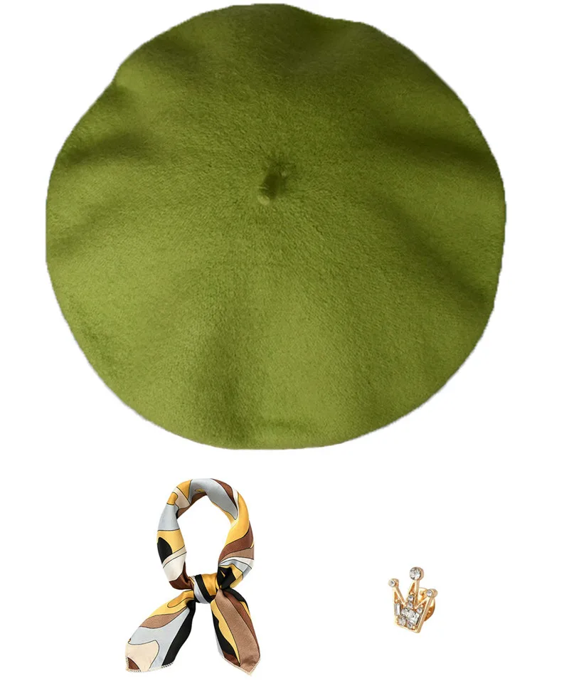 

JOYHY Womens Light Weight Artist French Beret Hat with Crown Brooch Scarf Maiden Wool Blending Solid Color Baret Flat Hat