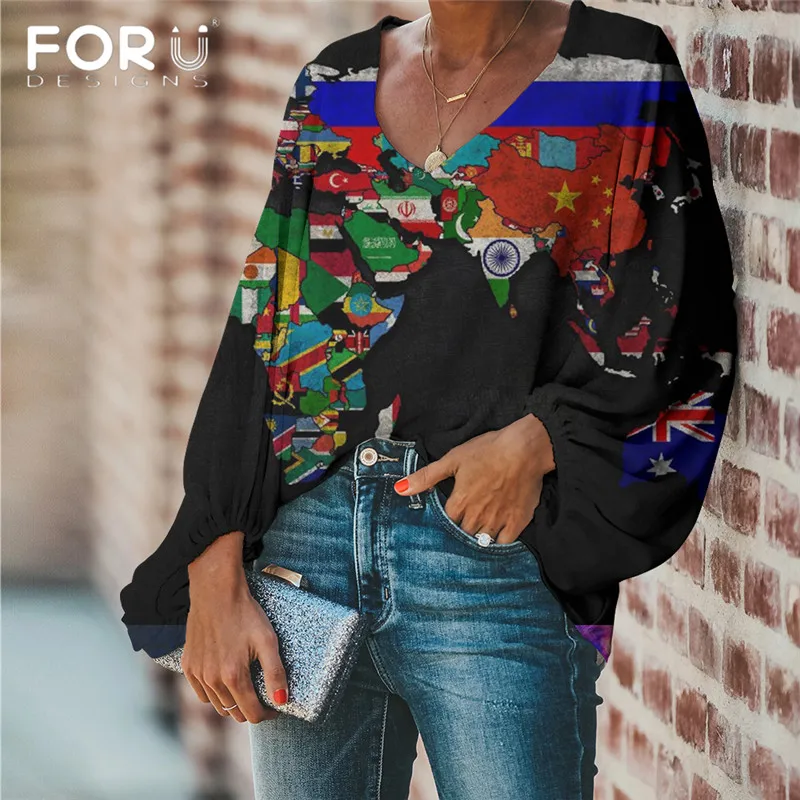 

Женская блузка с рисунком карты мира FORUDESIGNS, Женские топы и блузки, женская одежда, женская блузка, Прямая поставка
