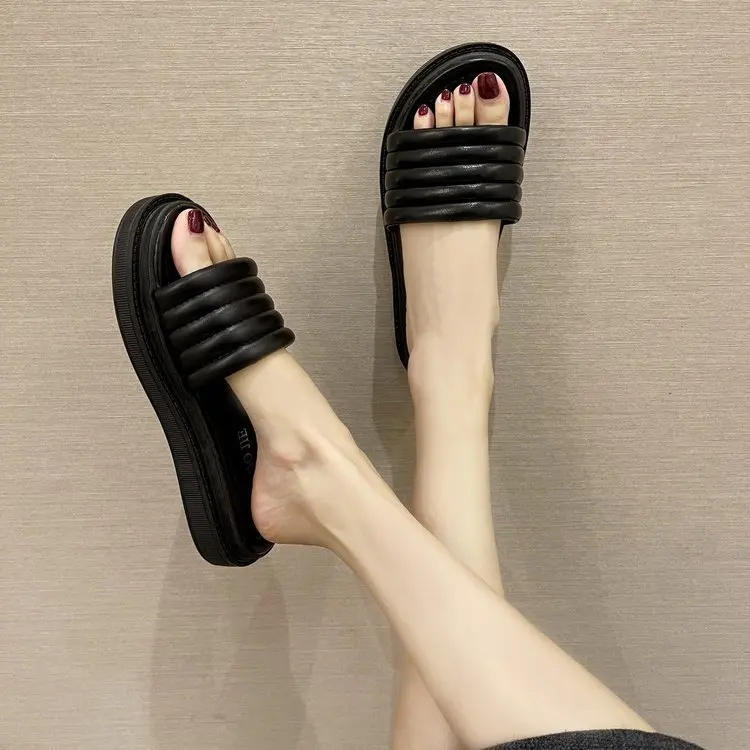 

Shoes Woman 2021 Slippers Summer Low Pantofle Platform Shale Female Beach New Sabot Rome Slides PU Hoof Heels Fabric Basic TPR