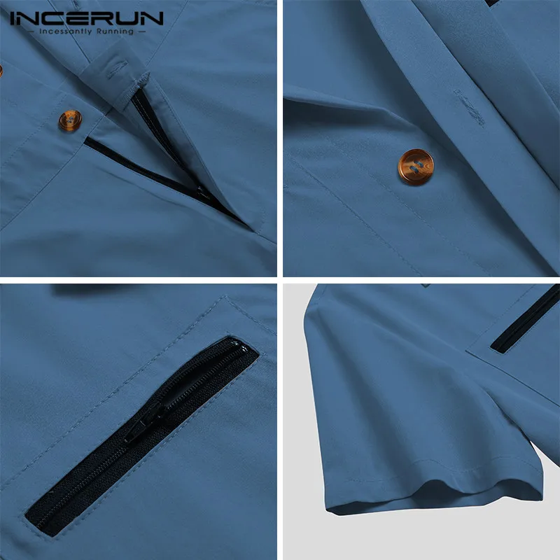 

Man Multi Pockets Zipper Cusual Shorts Jumpsuit INCERUN Vintage Patchwork Jumpsuits Men Short Sleeve Lapel Buttons Rompers 5XL 7