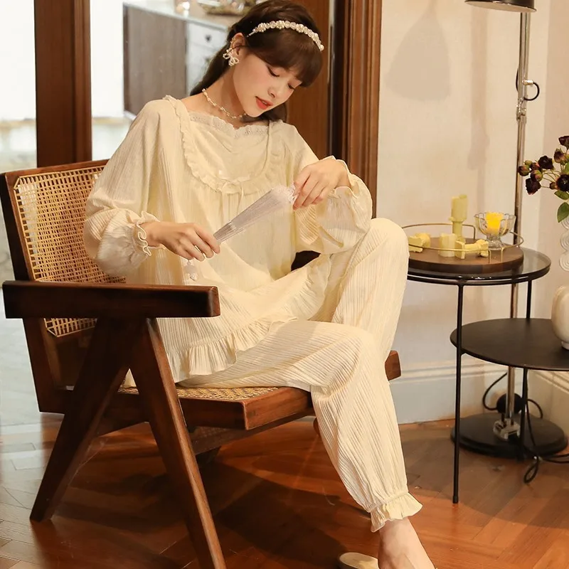 

Lolita Lace Girl Pajamas Set Women Winter Warm Oversize Cotton Princess Style Sleepwear Vintage Palace Style Long Sleeve Pajamas