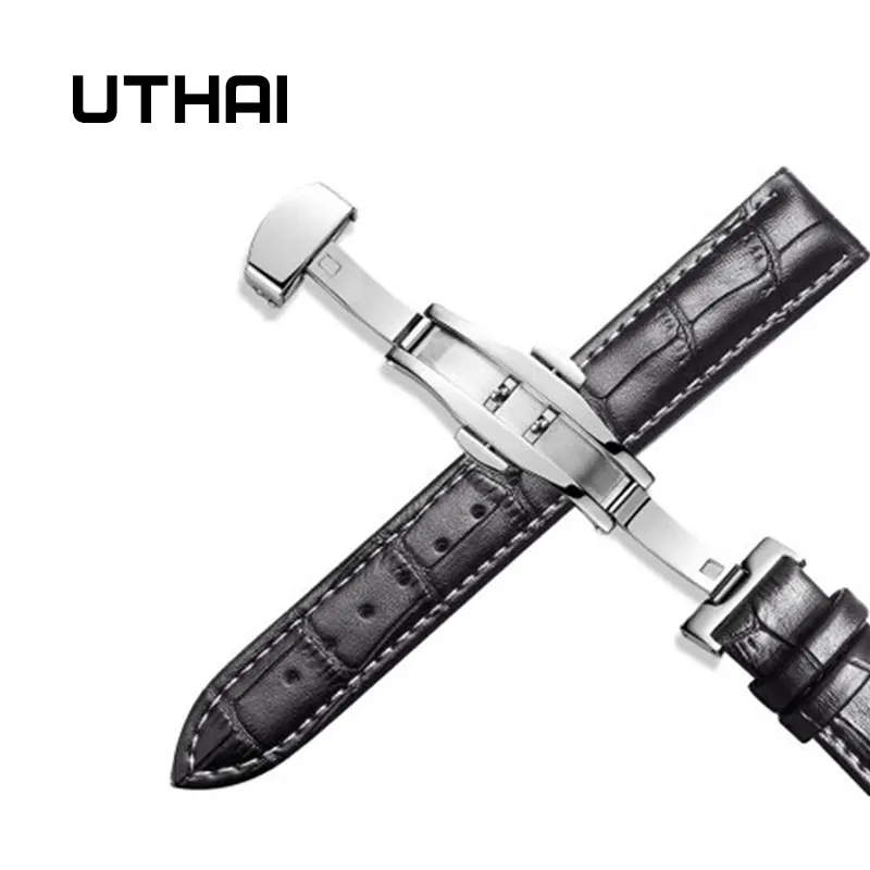 Silver-black-white UTHAI Z09 плюс Натуральная кожа Ремешки для наручных часов 12-24 мм Универсальные часы Бабочка Пряжка группа сталь Пряжка ремешок наручный ремень браслет - Цвет ремешка: Silver-black-white