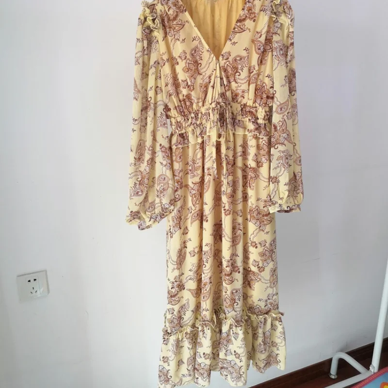 

Elastic Bandage Slim Waist Vintage Print Long Dresses for Women Fungus V-neck Long Sleeve Vestidos Japan Style Dress Elegant