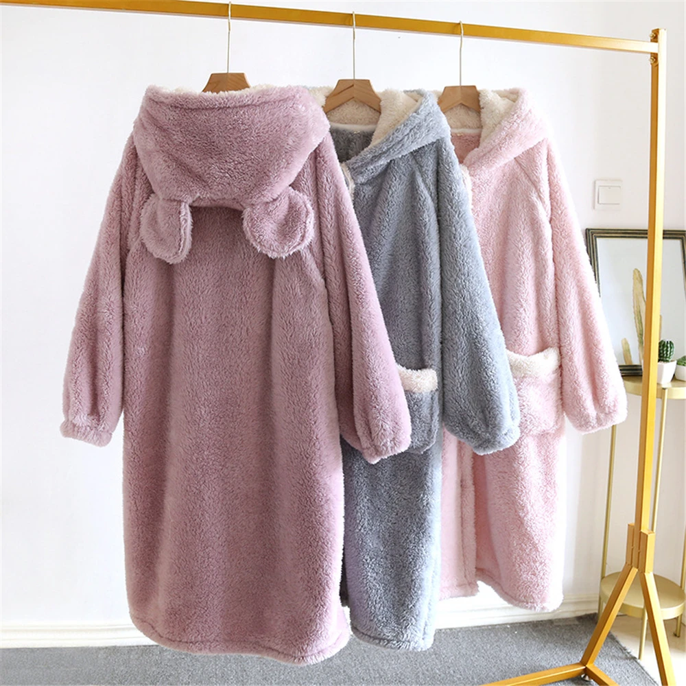 

Flannel Bathrobe Women's Robe Winter Thicken Warm Sleeping Tops Sweet Cute Hooded Pyjamas Long Sleepwear Peignoirs Femme Pajamas