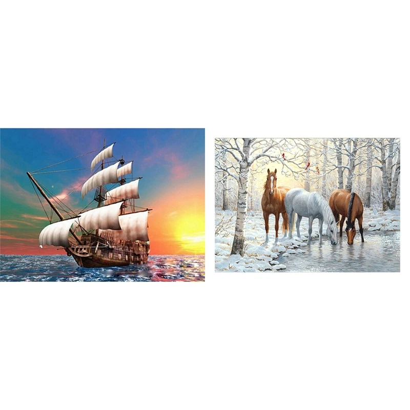 

2 Set 5D Diamond Painting Cross Stitch Home Decoration, Boat Scenery & Three Horses