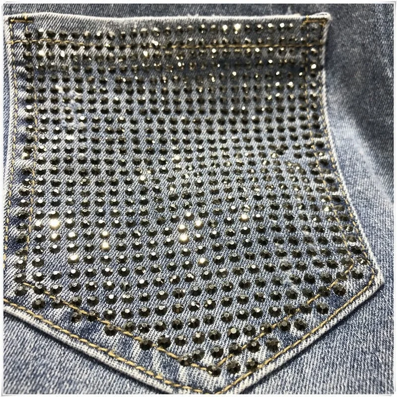 Ladies Hot Rhinestone Denim Overalls Amoi Loose Thinning Hole Nine Points Harlan Wide Leg Jumpsuit Mom Jeans Cargo Pants Women