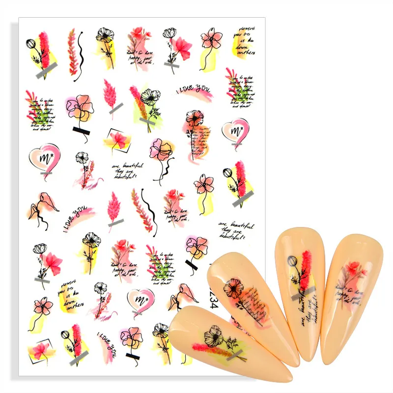 

Nail Art Decoration Adhesive Sticker Tips Chic Flowers Leaf Geometric Lines Abstract Graffiti Lady Face Design Decals For Nails