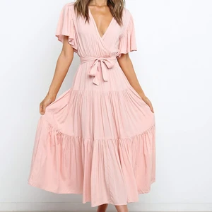 Beach Dress Women Short Sleeve Batwing Sleeves V-neck Long Dresses Sundress Casual Elegant Strap Bow A-line Vestidos