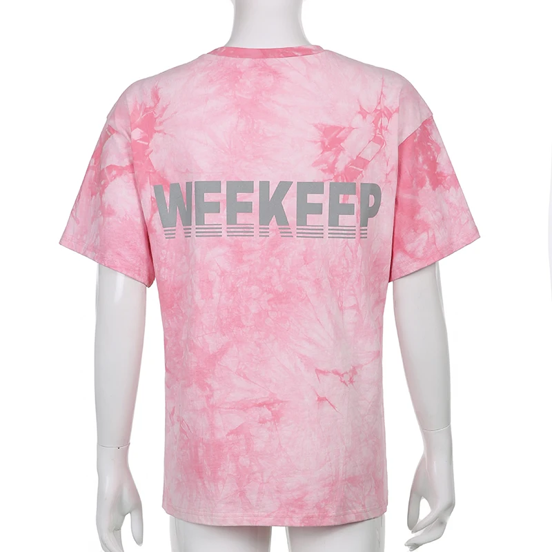 

Weekeep Pink Tie Dye Reflective Letter Oversized T-Shirt Women Short Sleeve Baggy Tee Shirt Summer Casual Y2K Streetwear Fashion