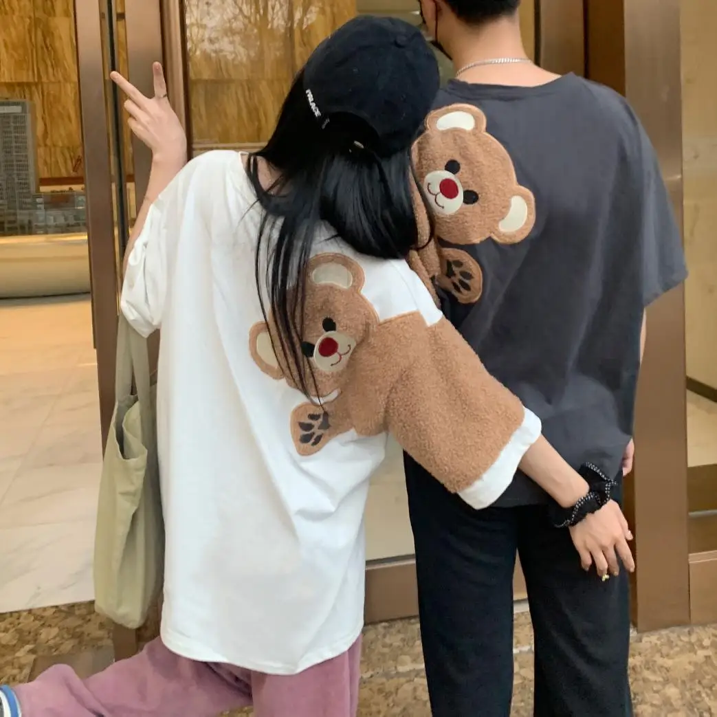 

Kawaii Bear Print Men And Women Couples Fashion Casual Oversized Shirt Cute Harajuku Japanese Short-Sleeved Summer Top