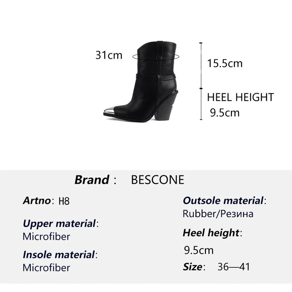 Женские ботинки BESCONE зимние черные ручной работы с острым носком на квадратном