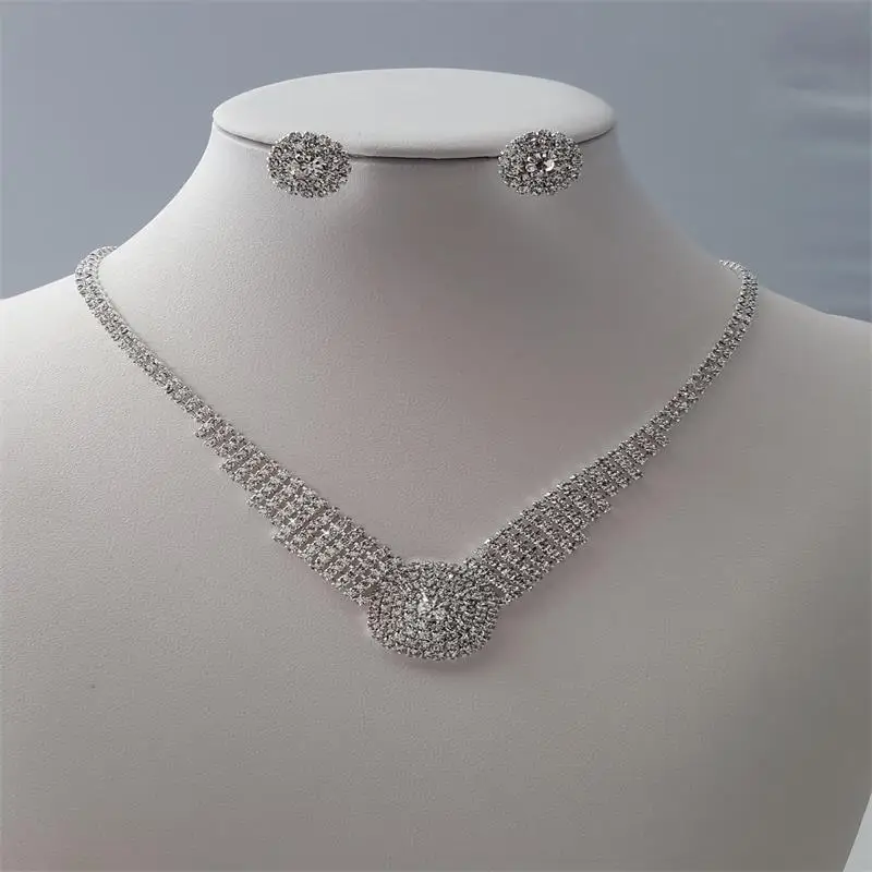 

L101 Fashion Round Zircon Shiny Crystal Wedding Dress Set Bridal Necklace Earrings 2-Piece Accessories
