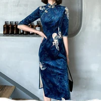 2021 spring and autumn mid length cheongsam dress embossed velvet girl daily retro improved cheongsam young style