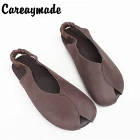 careaymade genuine leather japanese literature retro handmade sandals flat soft bottom original single head female sandals