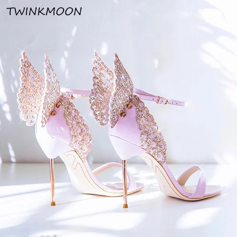 

High-end Women Pink Butterfly Sandals Metal Stiletto Heel Metallic Cut-outs Pumps Bling Bling Crystal Celebrity Wedding Shoes