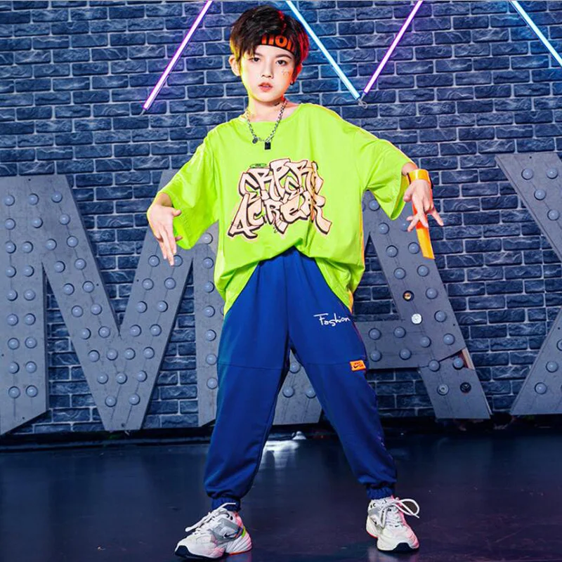 

Детская одежда для соревнований в стиле хип-хоп, зеленая футболка, топы, уличная одежда, штаны для бега для девочек и мальчиков, сценическая ...