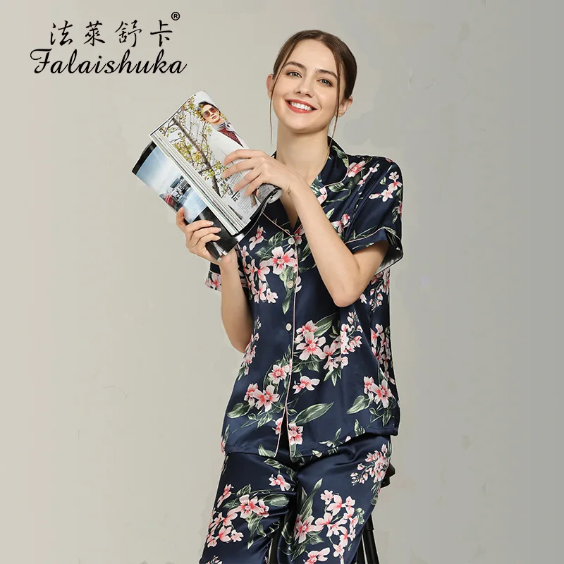 Woman Silk Pajamas Sets Short Sleeve  Sleepwear  Two Pieces Set  Floral Print 2021 New Summer  Lady Silk Home Wear Pyjamas