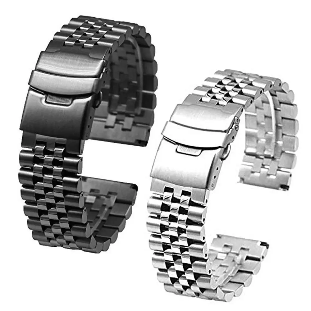 

80% HOT SALES !!! 20/22mm Adjustable Stainless Steel Solid Double Clasp Bead Watch Strap Wristband