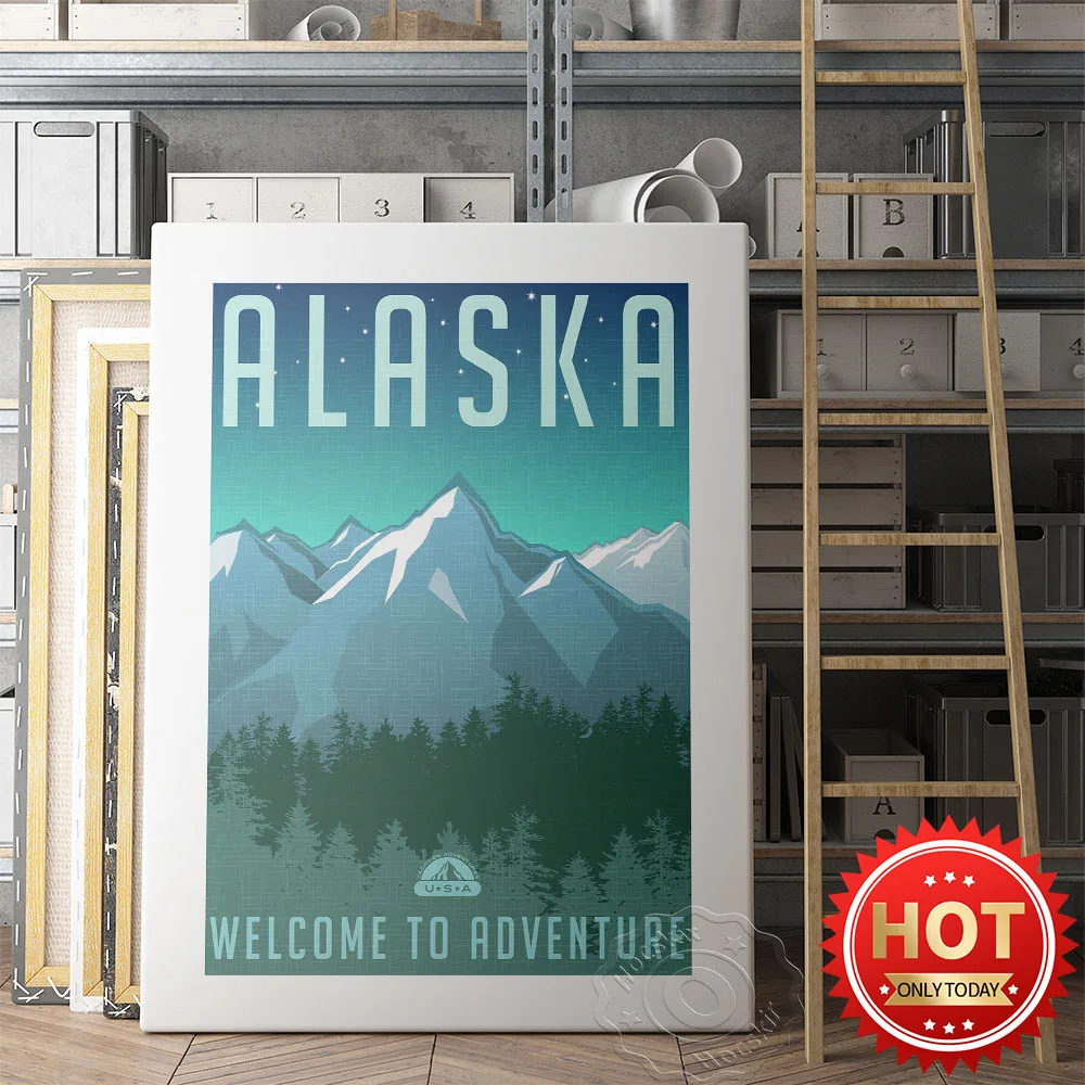 

Alaska Tree Mountain Scenery Plant Art Poster, Welcome To America Alaska Adventure Decor Prints, World Tavel City Landscape Mura