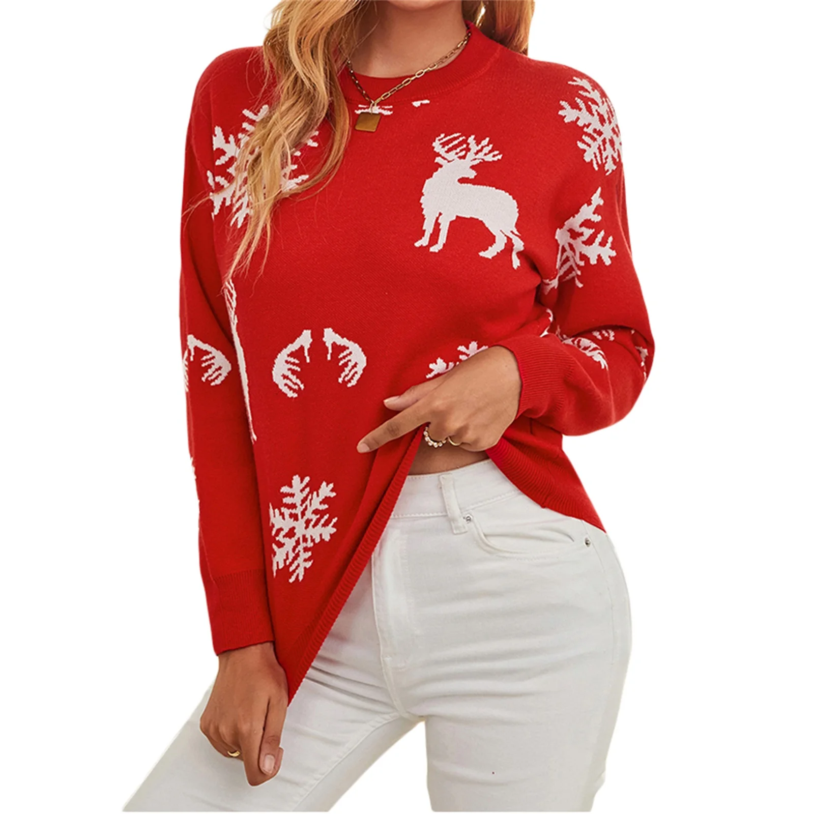 

Women's Sweater Elk Snowflake Pattern Long Sleeve Round Neck Knitted Pullover for Christmas Party