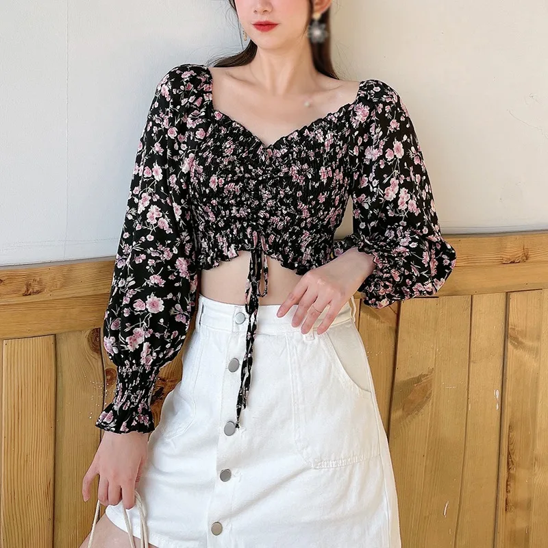 

Sexy Crop Top Summer Square Collar Exposed Navel Long Women Blouses Sweet Floral Print Chiffon Shirt