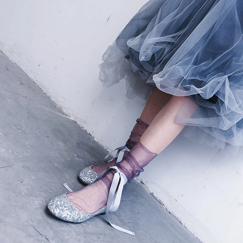 Блестящие сетчатые тюлевые носки женские корейские прозрачные длинные летние