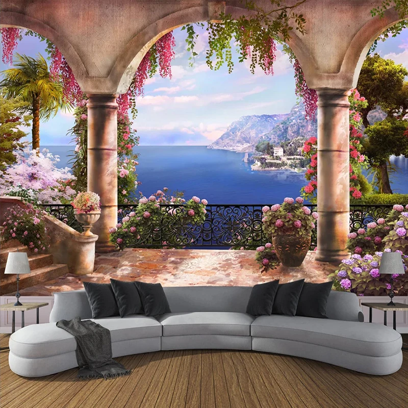 

Пользовательские 3D фото обои сад балкон вид на море 3D настенная живопись спальня гостиная диван украшение стены роспись бумага