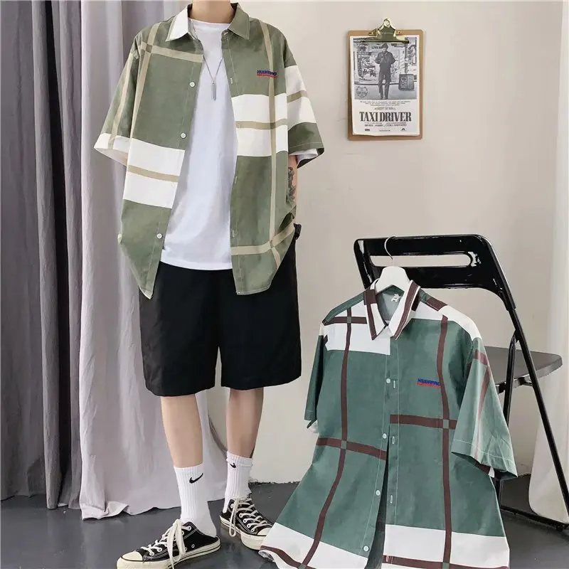 

Hong Kong style ins lazy wind hit color plaid short-sleeved shirt Japanese new loose summer half-sleeved lining clothes trend