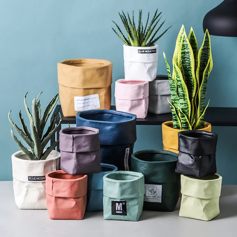 

Home Garden Nordic Ins Ceramic Kraft Paper Bag Flower Pot Green Plant Potted Creative Home Green Succulent Cactus Flower Pot