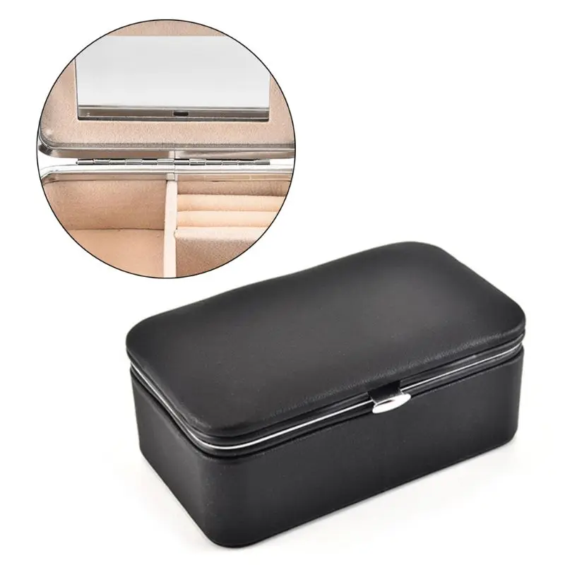 

Jewelry Box Portable with Makeup Mirror Earrings Grids Storage Travel Case J78F