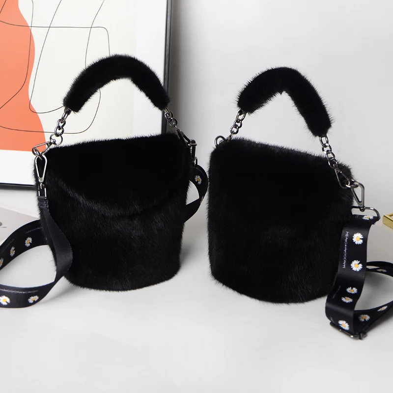 Сумка-конверт из меха норки в форме ведра стильная дамская сумочка на плечо