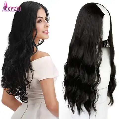 Длинный волнистый U-образный полупарик для женщин, натуральные женские длинные черные и коричневые термостойкие искусственные волосы для н...