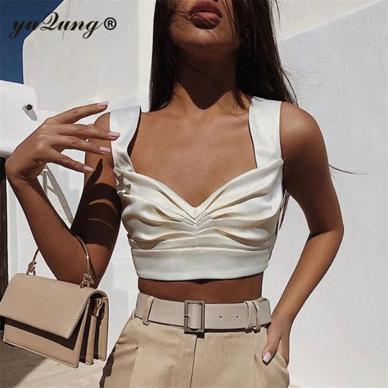 yuqung Women satin silk v neck Camis Streetwear Summer Ruched Pleated Short Tank Tops 90s Cool Girls Slim Crop Top Tees | Женская одежда