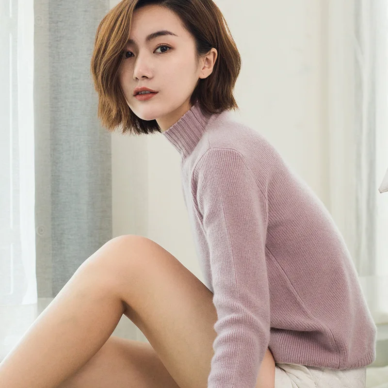 Women's cashmere knitted sweater, retro, solid, stand collar, long sleeve, elegant, luxurious, girl's top, 100%