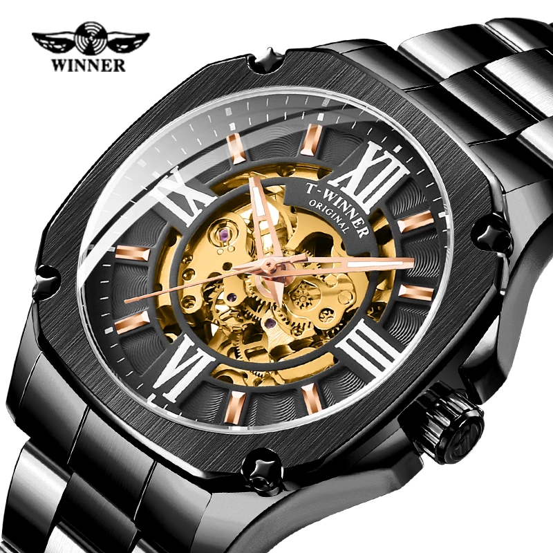 Top Brand WINNER Men Automatic Watch Black Golden Hollow Skeleton Stainless Steel Male Business Mechanical Clock Dropship | Наручные часы