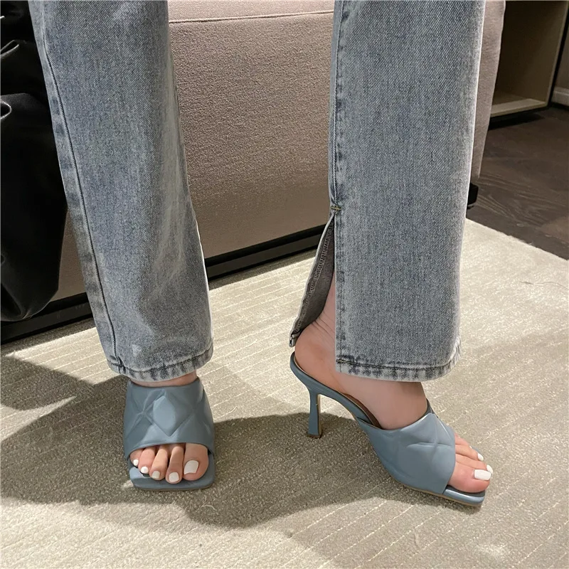 

Shoes Square Toe Low Ladies' Slippers Slipers Women Heeled Mules 2021 High Slides Basic Rubber PU Fabric Fretwork Hoof Square To