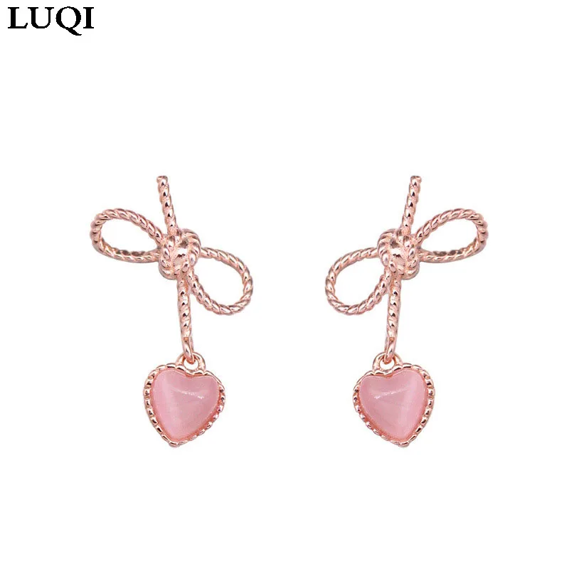 

Women's Fashion S925 Silver Plated Rose Gold Opal Bow Pendant Earrings 711