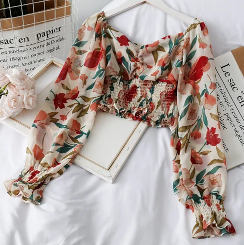 Женская шифоновая блуза с цветочным принтом винтажная рубашка квадратным