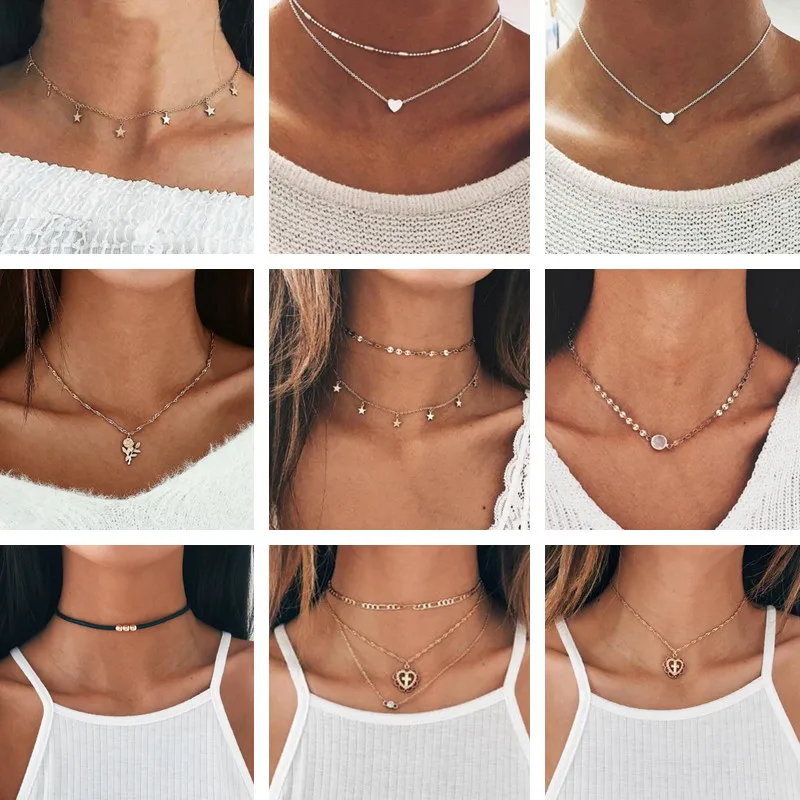 

New Fashion Stars Moon Necklaces for Women Pearl Love Hearts Clavicle Chain Necklaces Party Jewelry Accessories