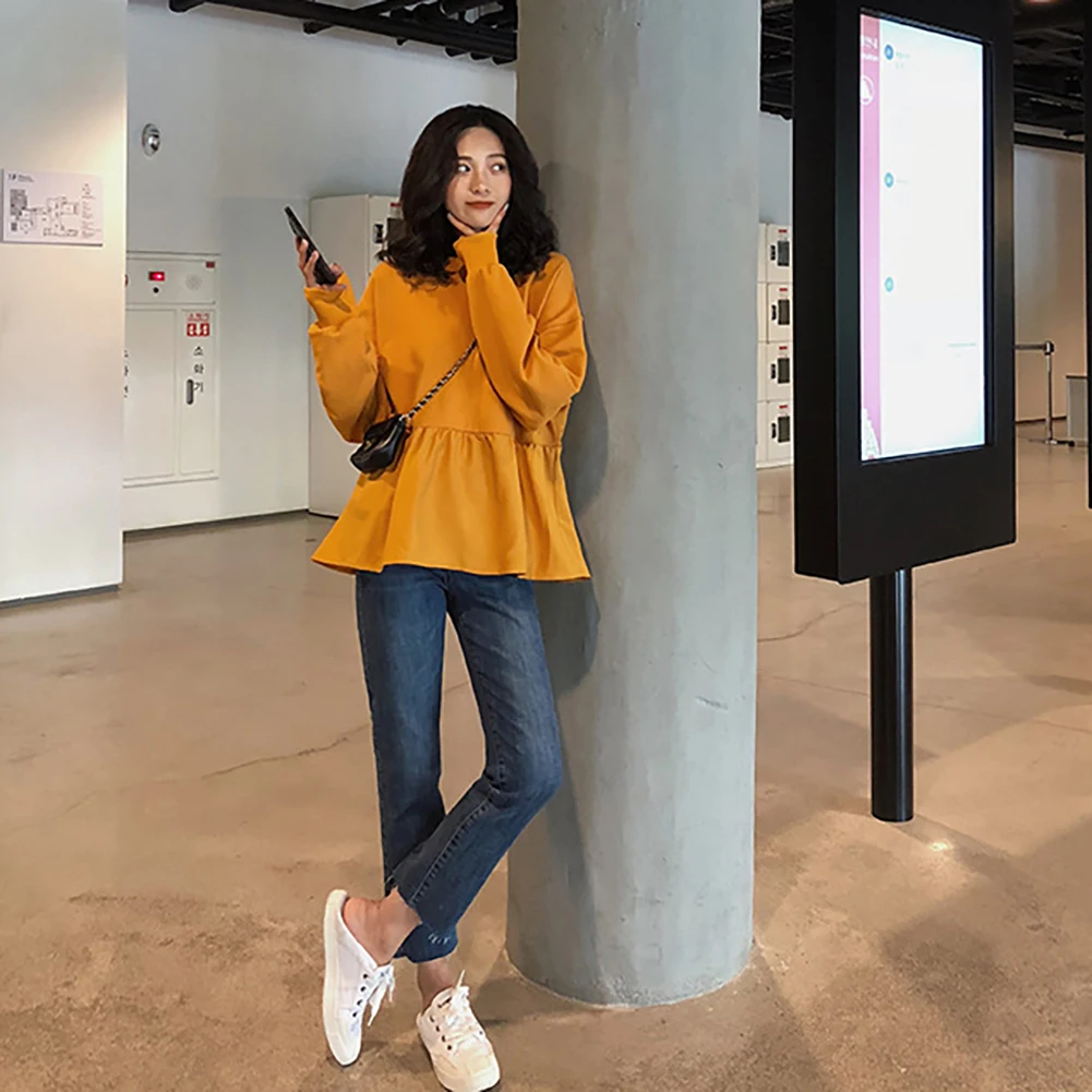 Women Solid Color Blouse Long Sleeve O Neck Large Hem Loose Sweatshirt Pullover