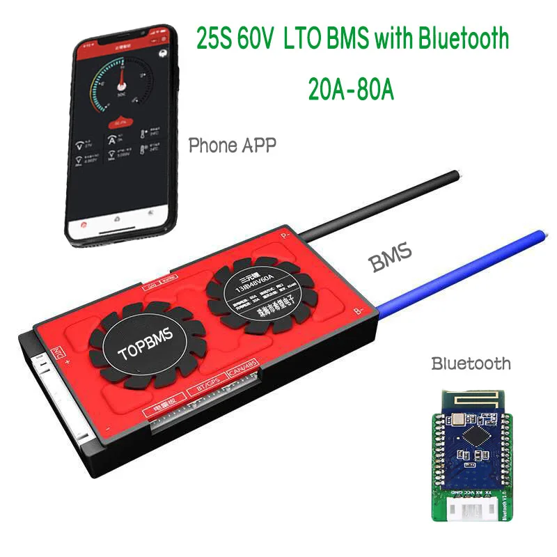 

25 S 60V LTO BMS 20A80A с Bluetooth-приложением для телефона RS485 CANbus NTC UART GPS для аккумуляторов LTO 2,3 V 2,4 V, подключенный в 25 серий