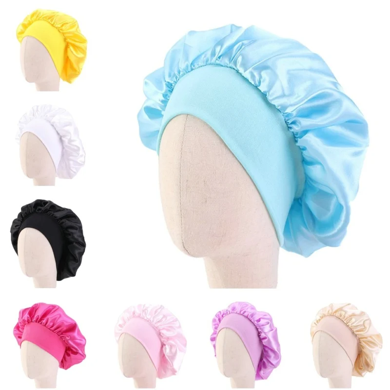 

Satin Bonnet Cap Night Sleep Hat Kids Children Hair Care Elastic Band Head Cover Wrap Shower Caps Wide Band Beanies Skullies Hat