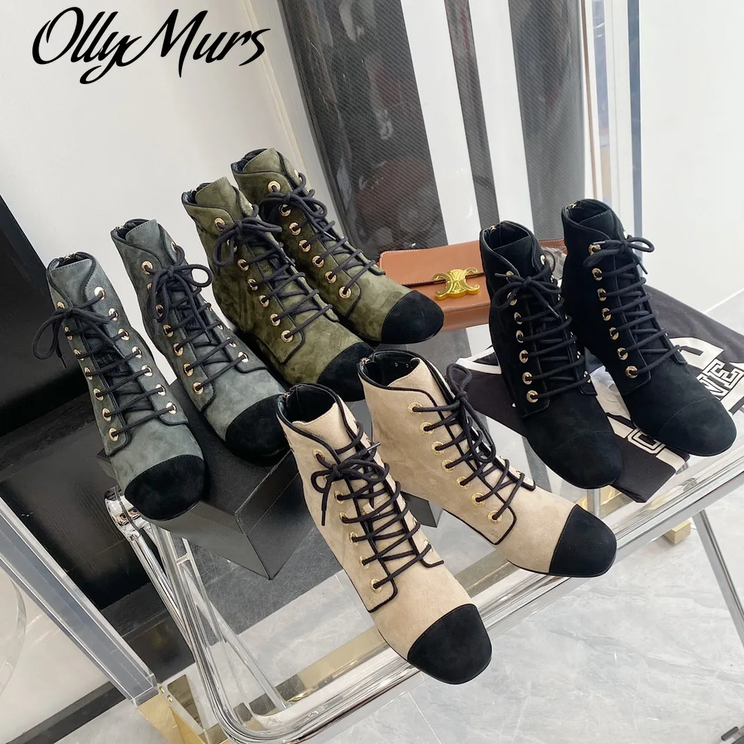 

Ollymurs New Women Shoes Winter Natural Kid Suede Short Boots Mixed Colors Round Toe ZIP Ankle Boots Chunky Heels Lace-up