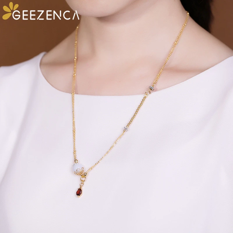 

Korea Fashion Silver 925 Sterling Silver Gold Plated Jade Bead Garnet Pendant Necklace Women Trendy O-type Gemstone Necklaces