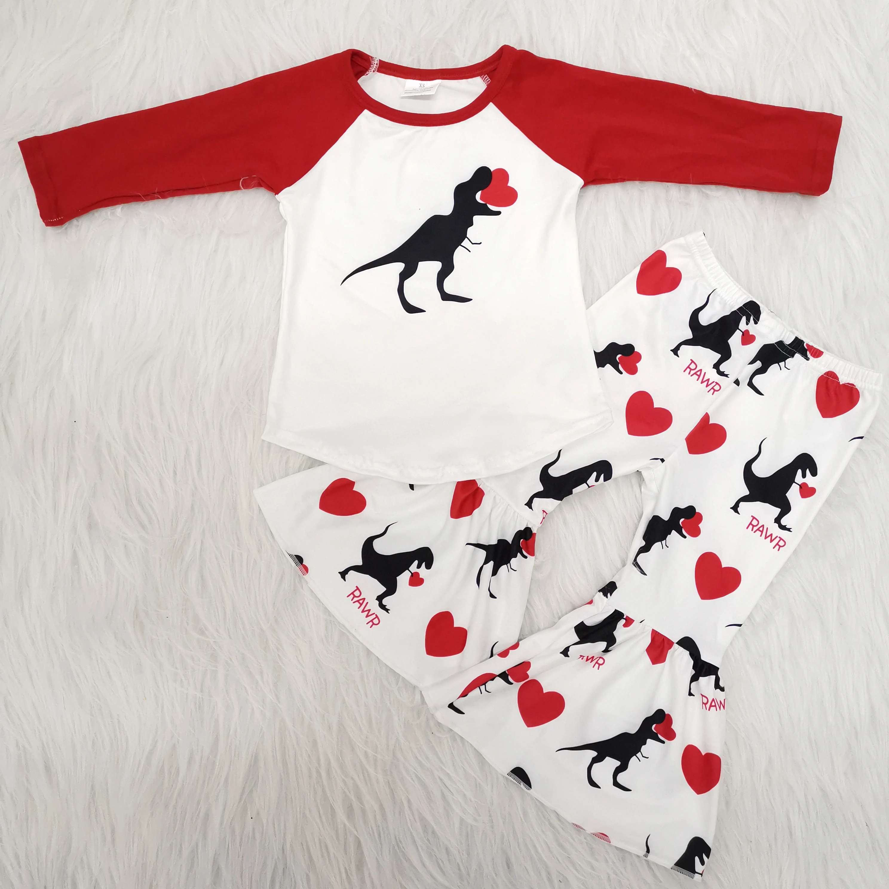 

High Quality Baby Girls Boutique Outfits Dinosaur Red Love Heart Valentine's Day Clothes Fashion Kids Fall Winter 2PCS RTS Set