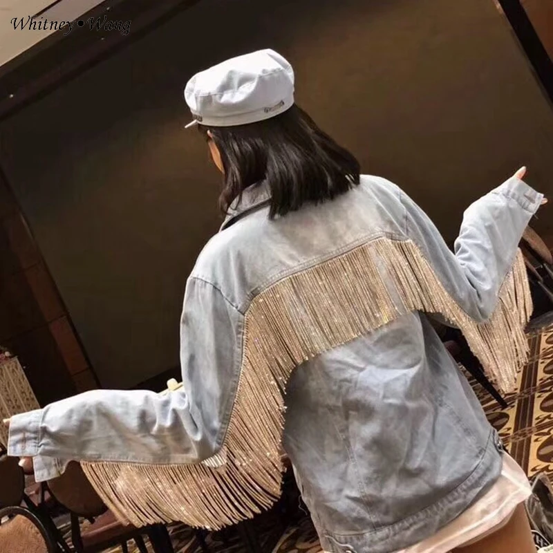 WHITNEY WANG модная уличная джинсовая куртка с бриллиантами и кисточками, женская Стильная джинсовая куртка с блестящей бахромой
